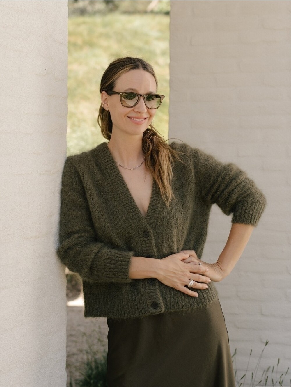 Cropped Olive Green V-Neck Button Cardigan Sweater - Picture 2 of 7